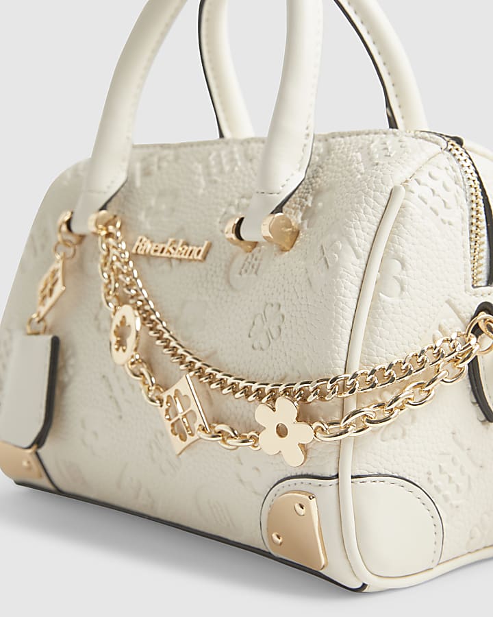 Cream Metal Corner Monogram Print Bowler Bag