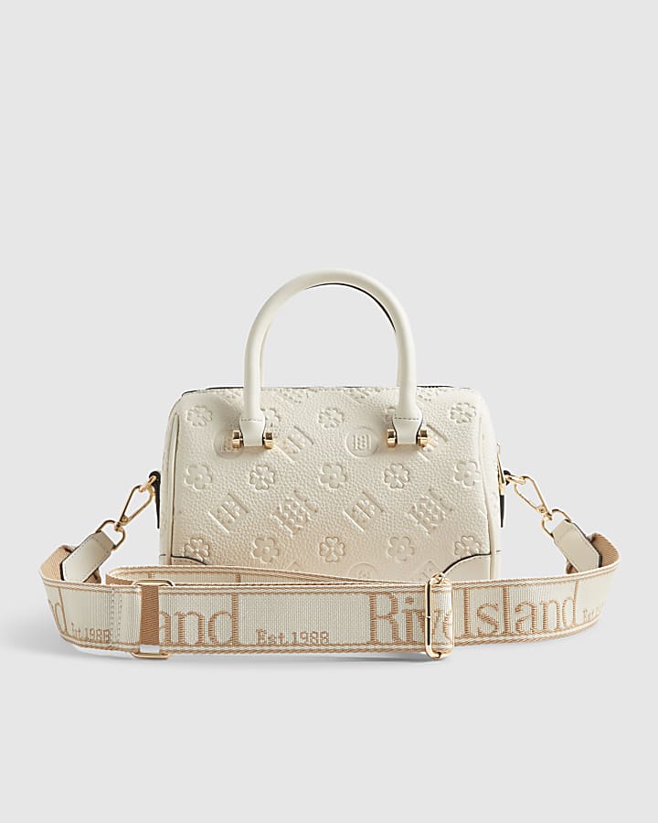 Cream Metal Corner Monogram Print Bowler Bag