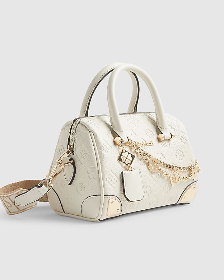 Cream Metal Corner Monogram Print Bowler Bag