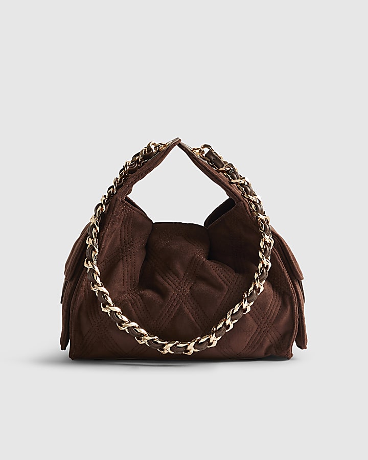 Brown Quilted Chain Handle Slouch Bag