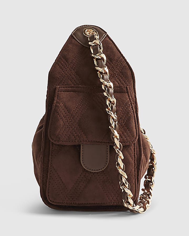 Brown Quilted Chain Handle Slouch Bag