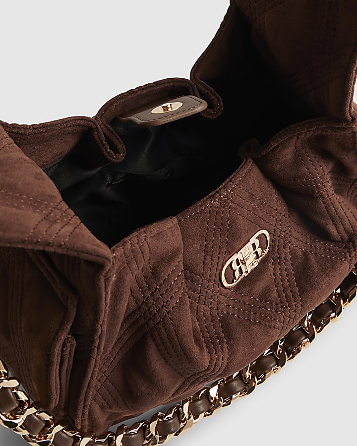 Brown Quilted Chain Handle Slouch Bag