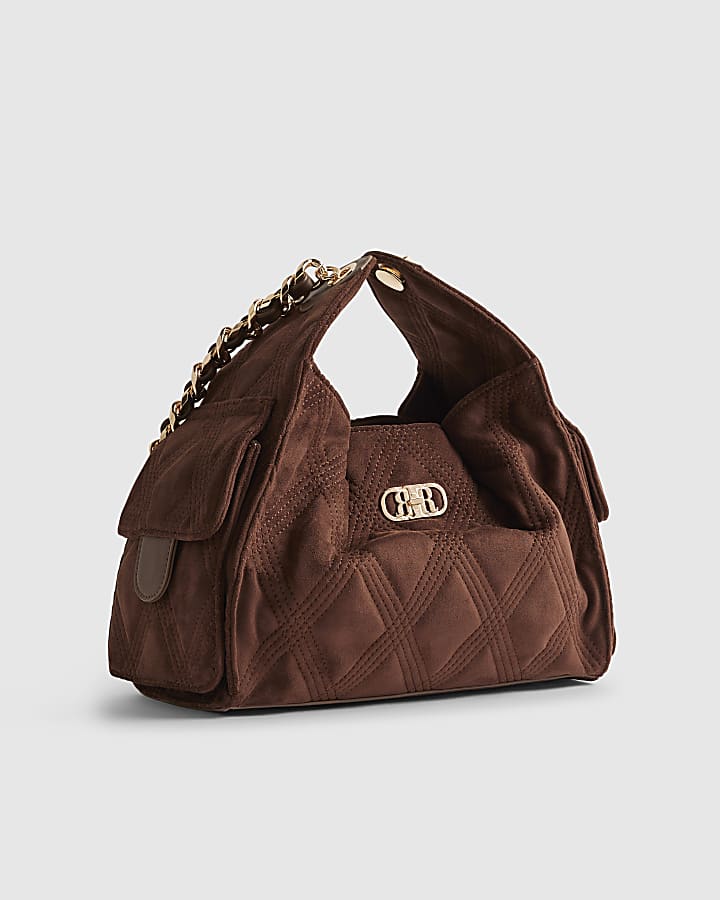 Brown Quilted Chain Handle Slouch Bag