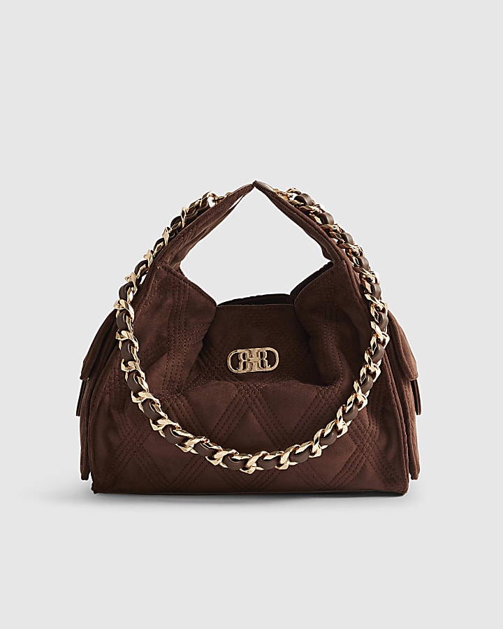 Brown Quilted Chain Handle Slouch Bag