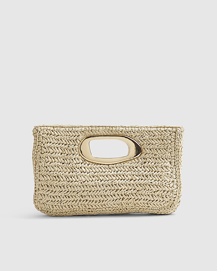 Beige Raffia Metal Handle Clutch Bag