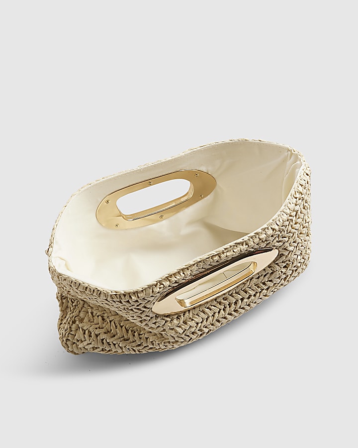 Beige Raffia Metal Handle Clutch Bag