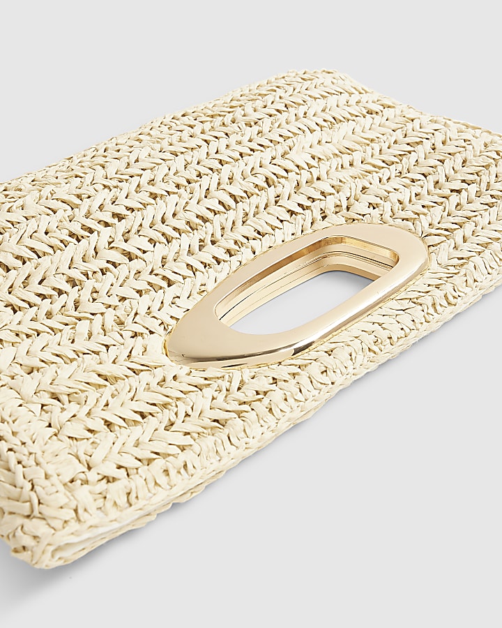 Beige Raffia Metal Handle Clutch Bag