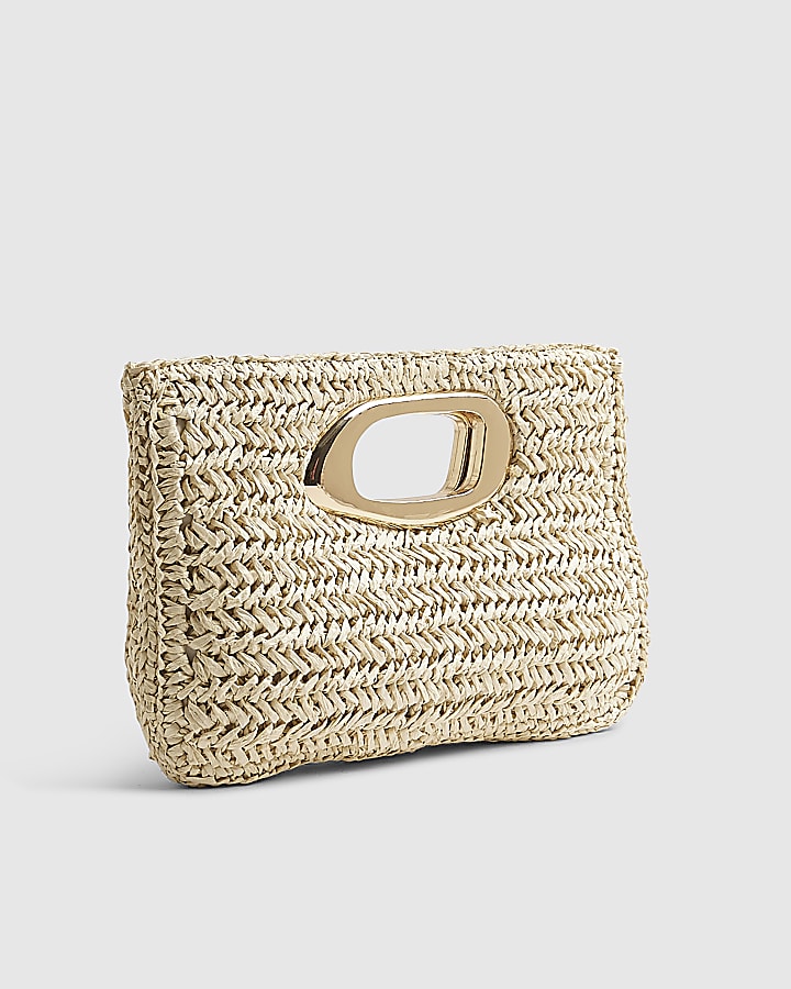 Beige Raffia Metal Handle Clutch Bag