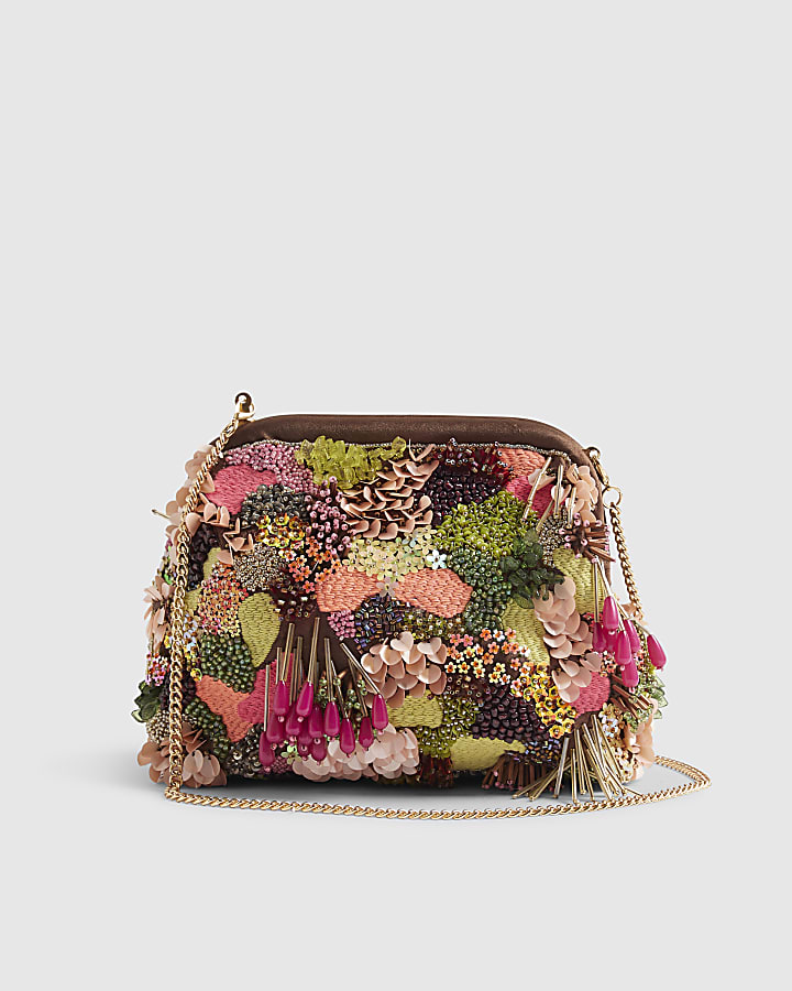 Brown Frame Beaded Clutch Bag