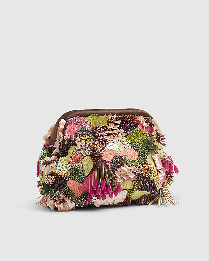 Brown Frame Beaded Clutch Bag