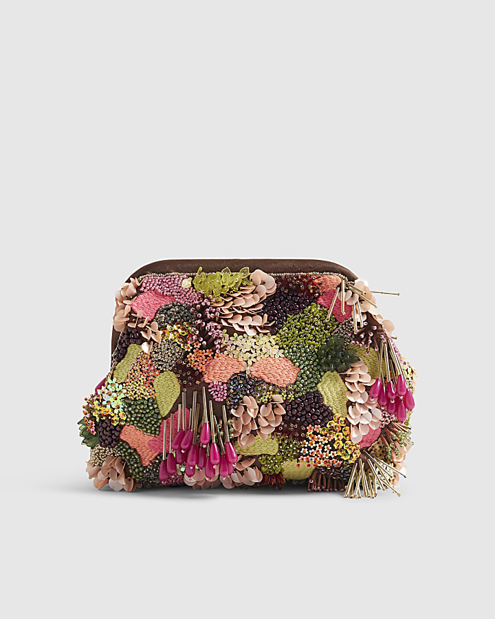 Brown Frame Beaded Clutch Bag