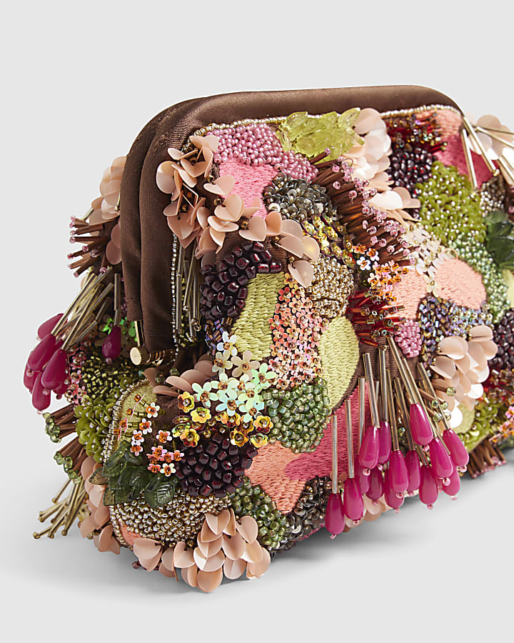 Brown Frame Beaded Clutch Bag