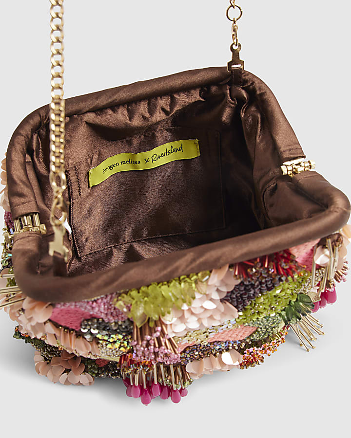 Brown Frame Beaded Clutch Bag