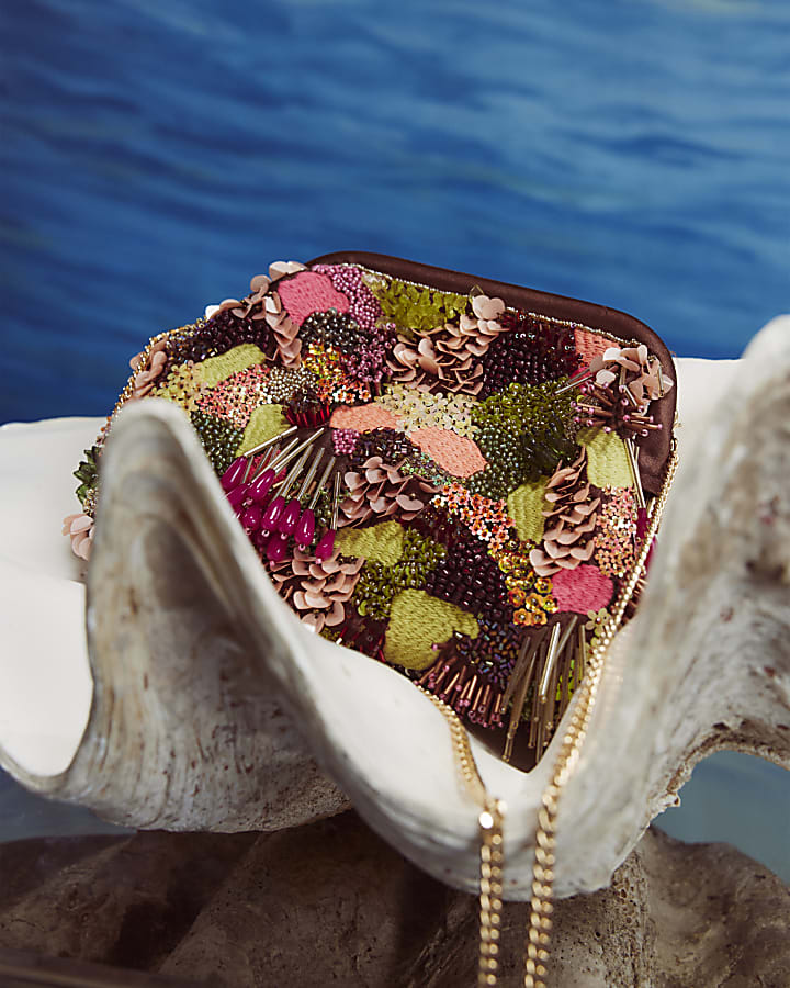 Brown Frame Beaded Clutch Bag