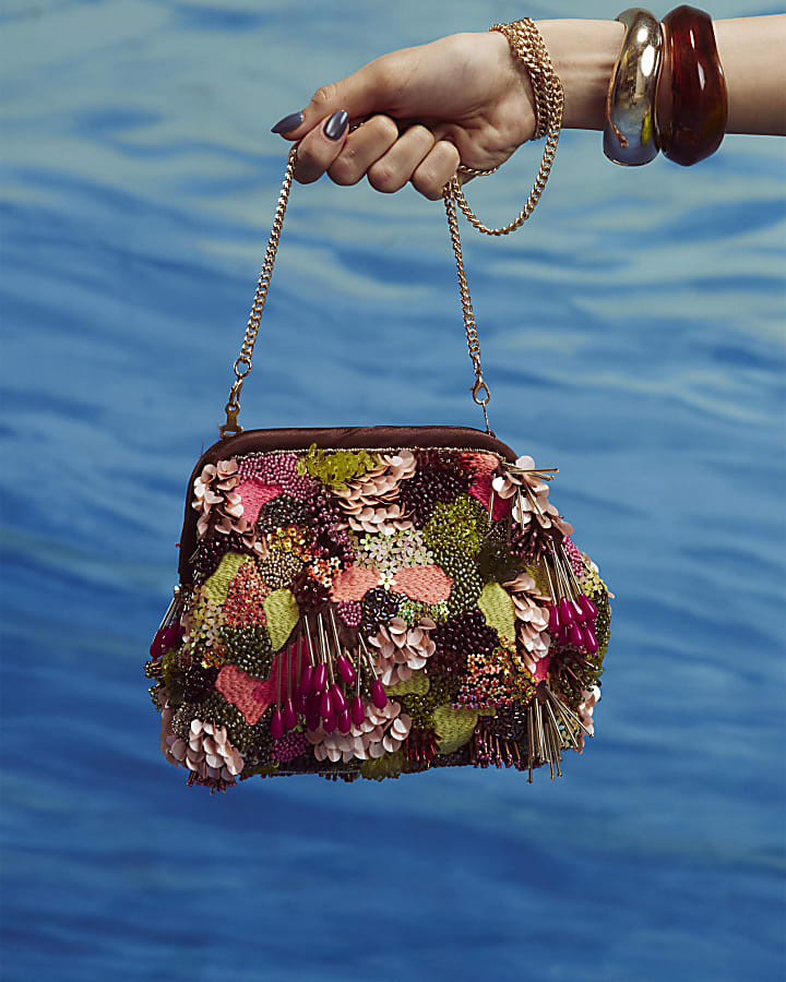 Brown Frame Beaded Clutch Bag