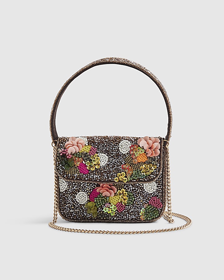 Brown Beaded Mini Crossbody Bag