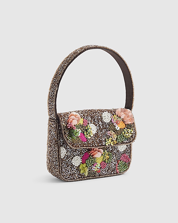 Brown Beaded Mini Crossbody Bag