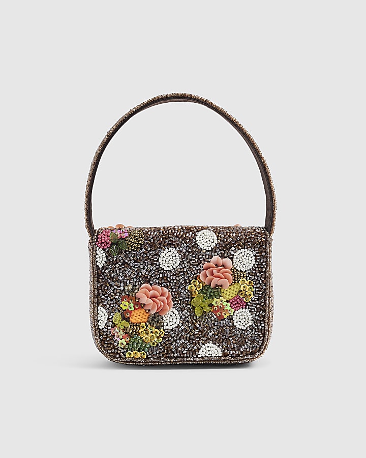 Brown Beaded Mini Crossbody Bag
