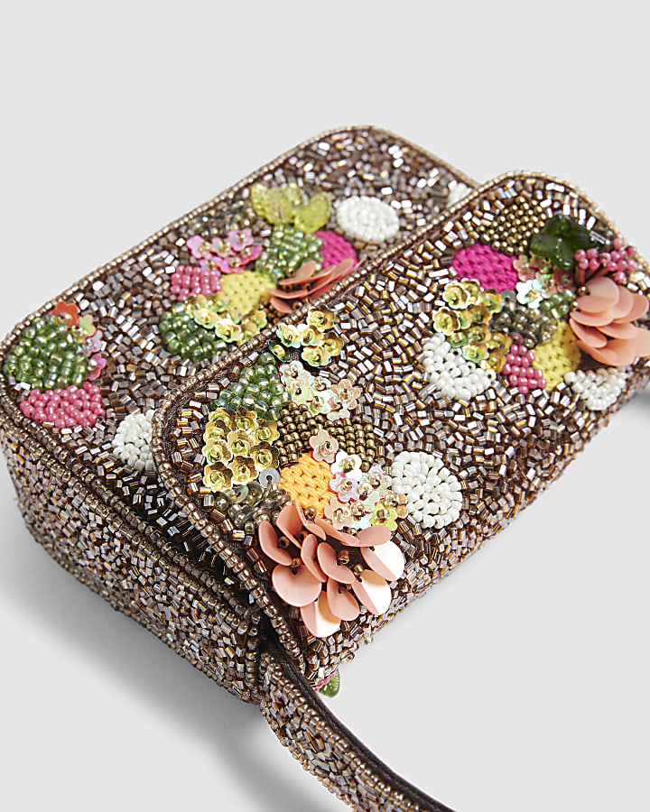 Brown Beaded Mini Crossbody Bag