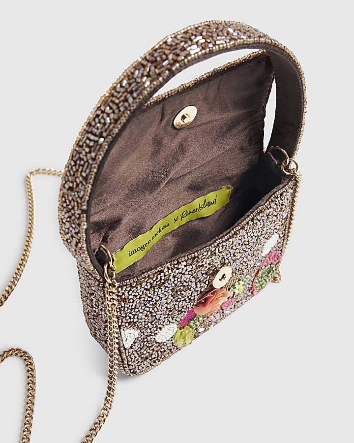 Brown Beaded Mini Crossbody Bag