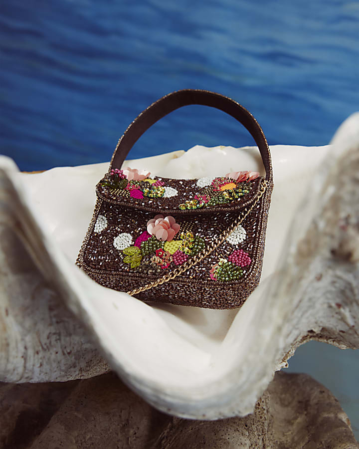 Brown Beaded Mini Crossbody Bag