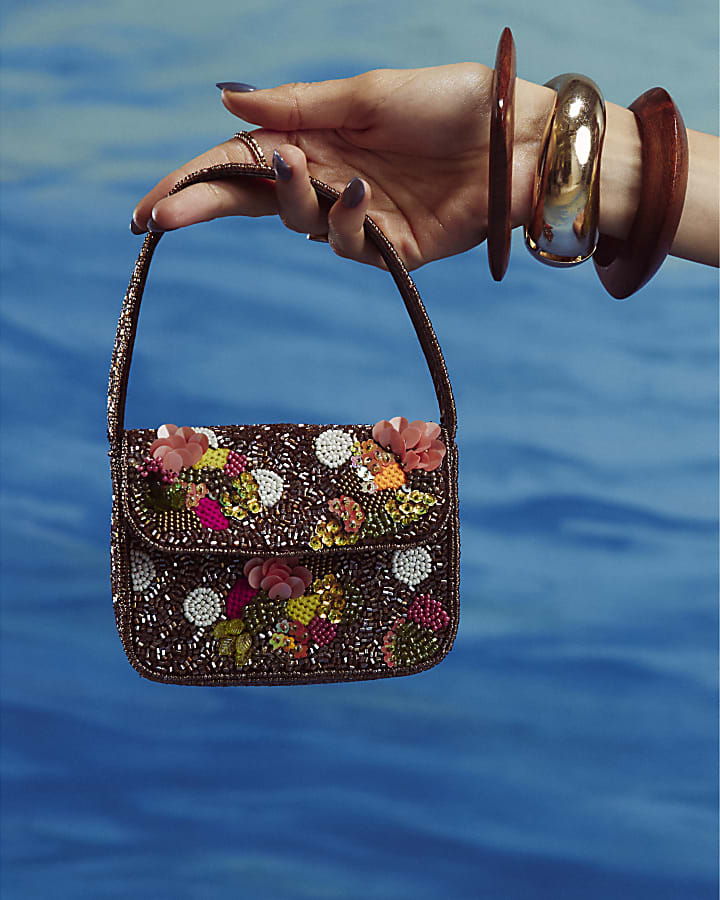 Brown Beaded Mini Crossbody Bag