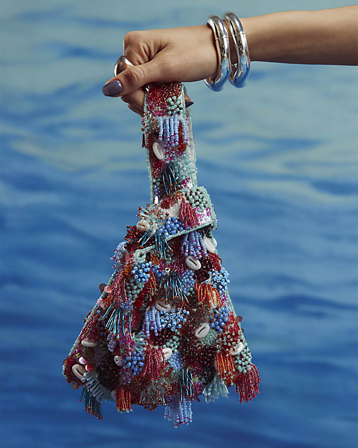 Blue Beaded Clutch Bag