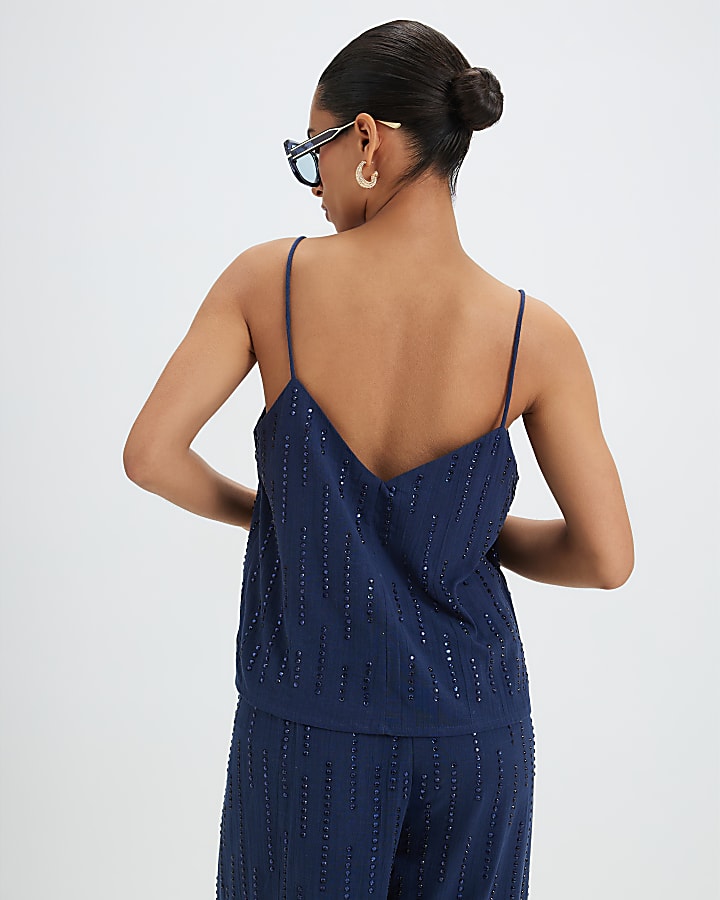 Petite Blue Cotton Embellished Cami Top