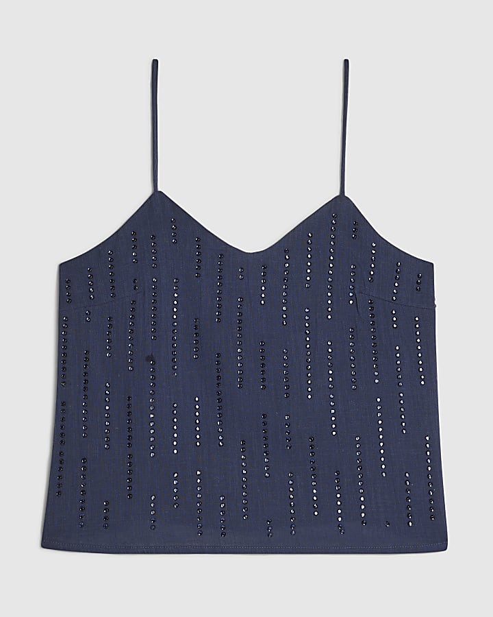 Petite Blue Cotton Embellished Cami Top