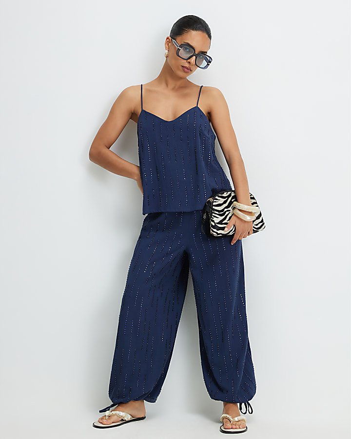 Petite Blue Cotton Embellished Cami Top