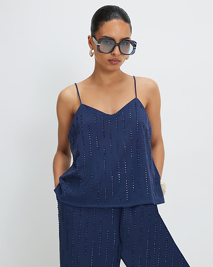 Petite Blue Cotton Embellished Cami Top