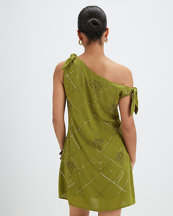 Petite Green Hotfix Asymmetric Mini Dress