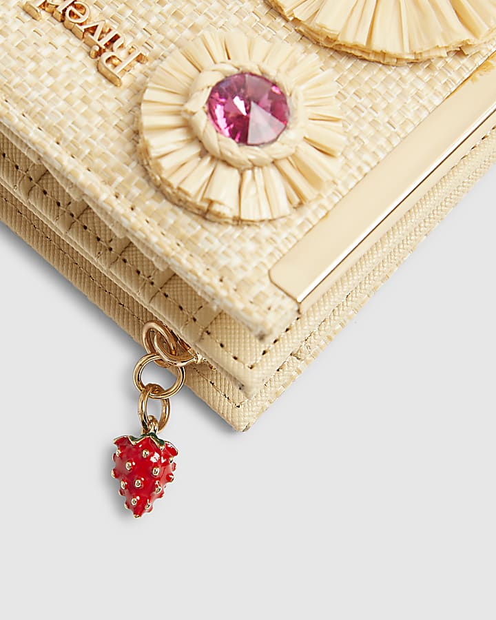 Beige Raffia Gemstone Foldout Purse