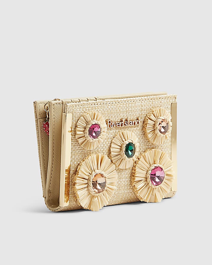 Beige Raffia Gemstone Foldout Purse
