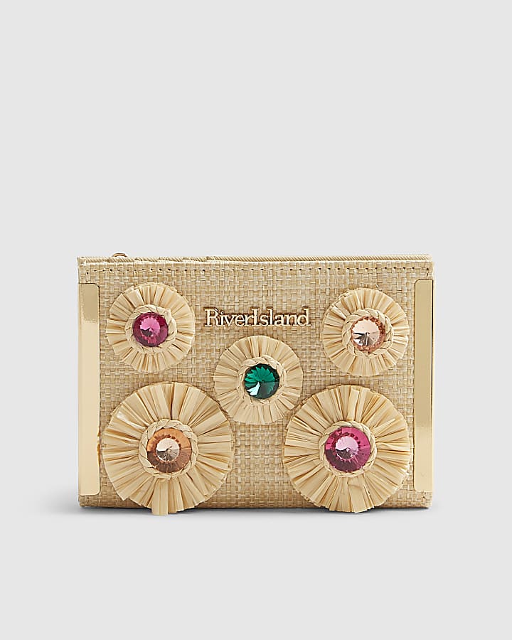 Beige Raffia Gemstone Foldout Purse