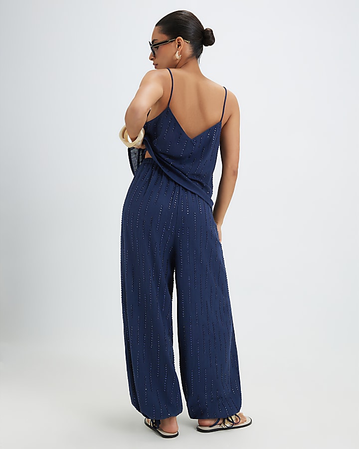 Petite Blue Hotfix Balloon Leg Trousers