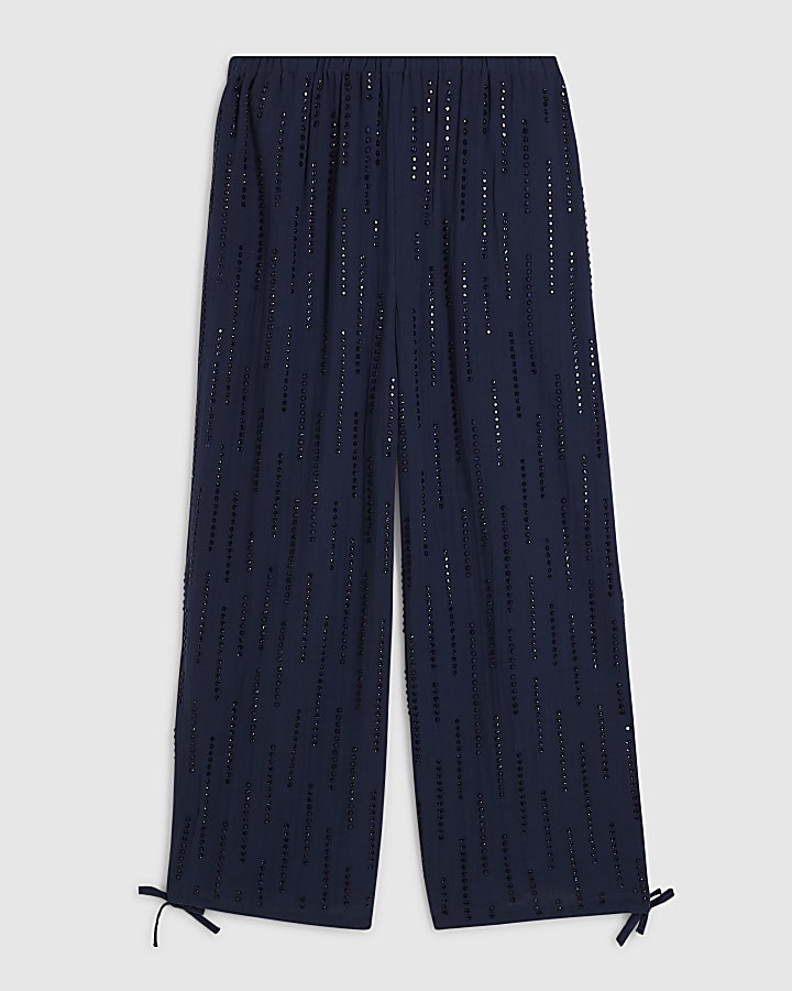 Petite Blue Embellished Balloon Leg Trousers