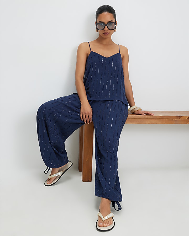 Petite Blue Hotfix Balloon Leg Trousers