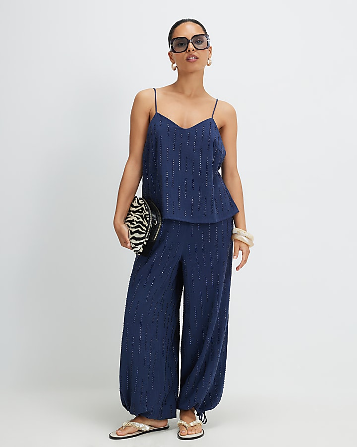 Petite Blue Hotfix Balloon Leg Trousers