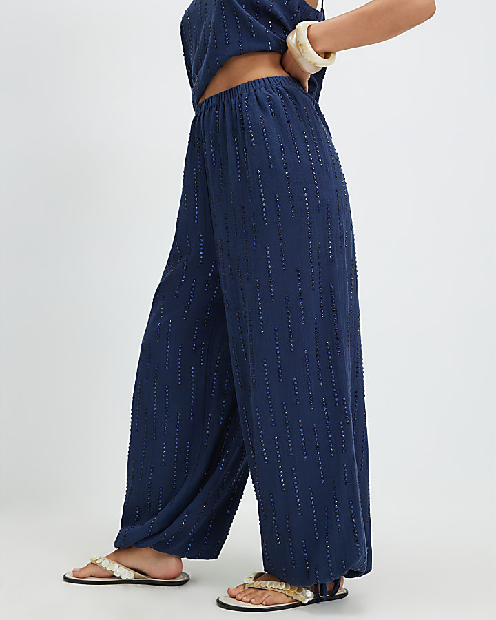 Petite Blue Hotfix Balloon Leg Trousers
