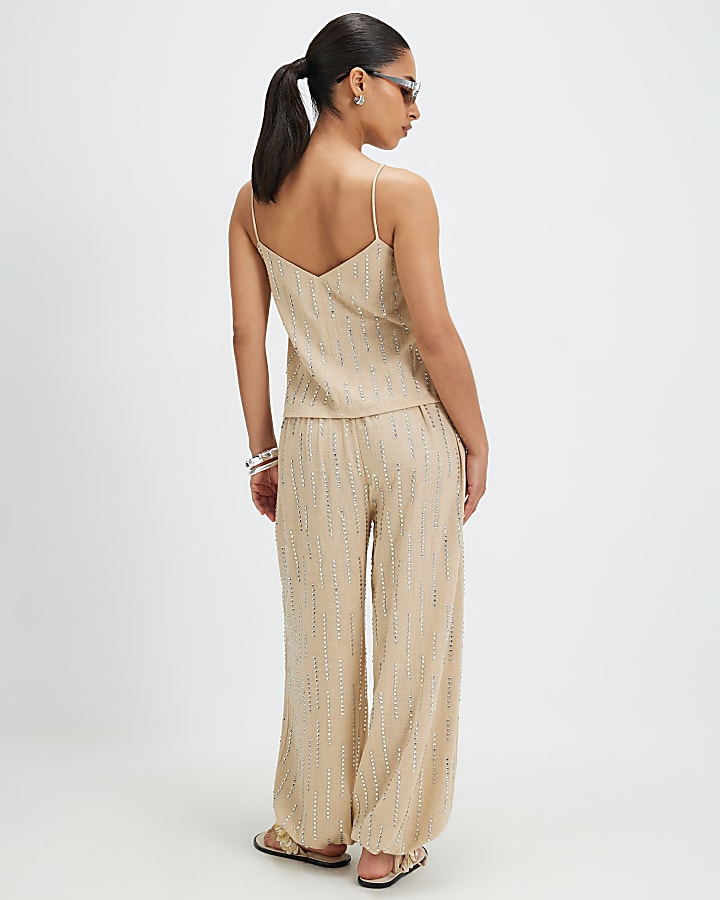 Petite Cream Hotfix Balloon Leg Trousers