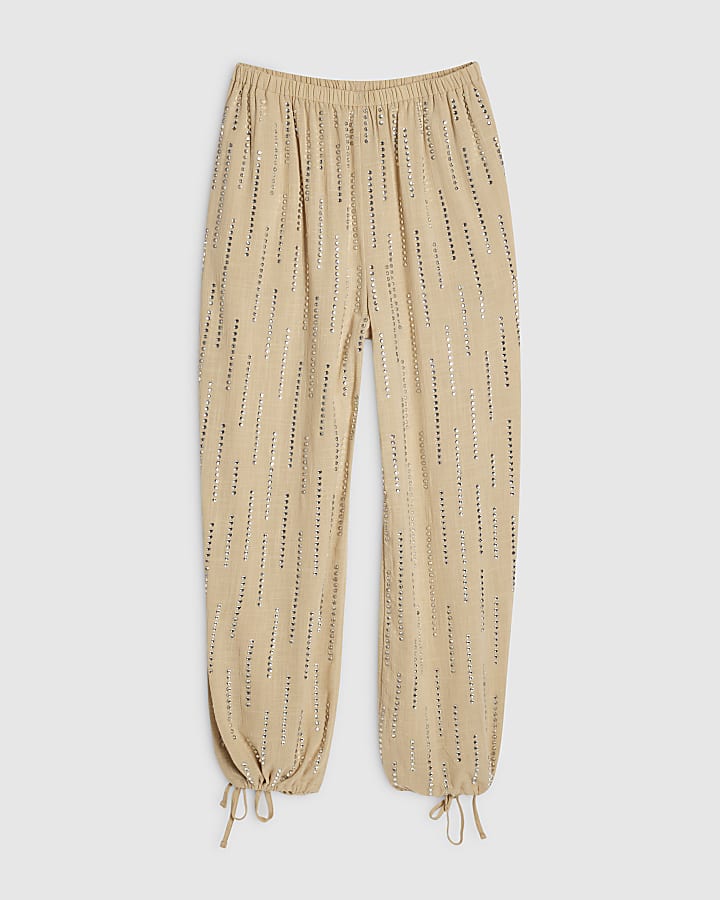 Petite Cream Hotfix Balloon Leg Trousers