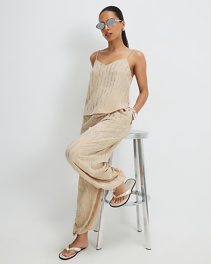 Petite Cream Hotfix Balloon Leg Trousers