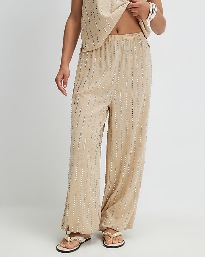 Petite Cream Hotfix Balloon Leg Trousers