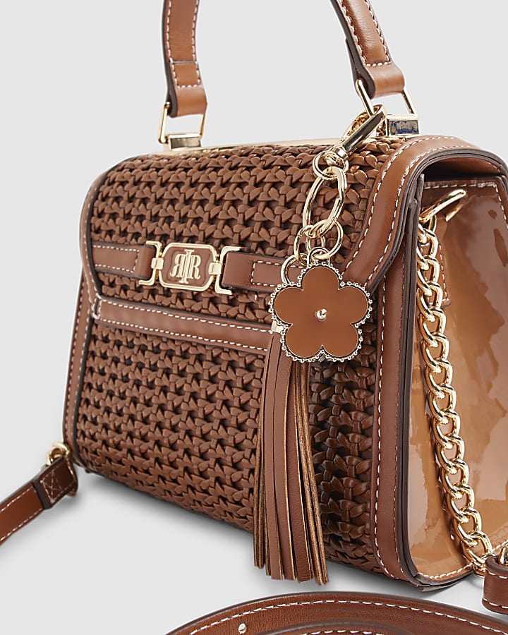 Brown Mini Weave Charm Tote Bag