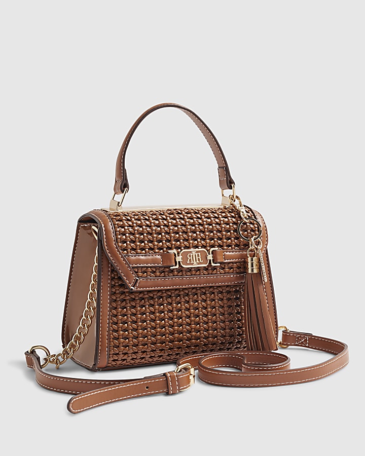 Brown Mini Weave Charm Tote Bag