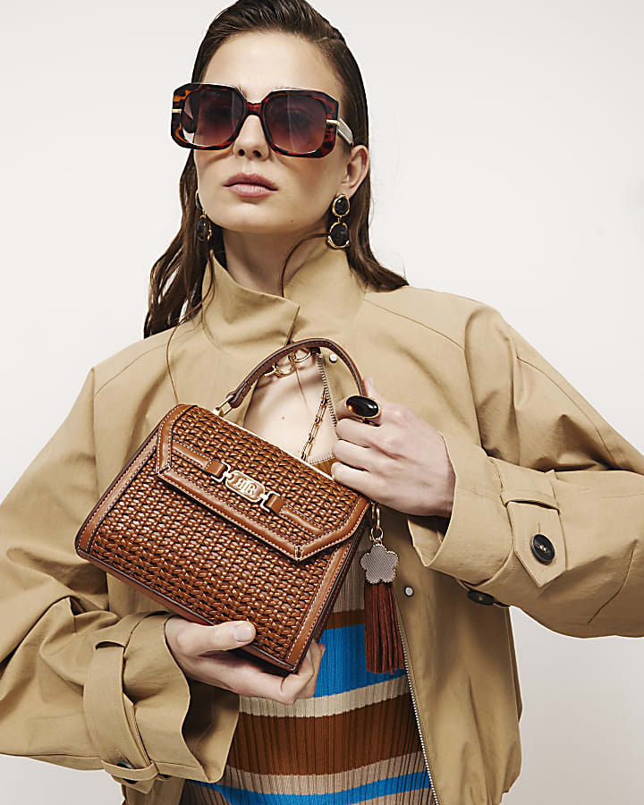 Brown Mini Weave Charm Tote Bag