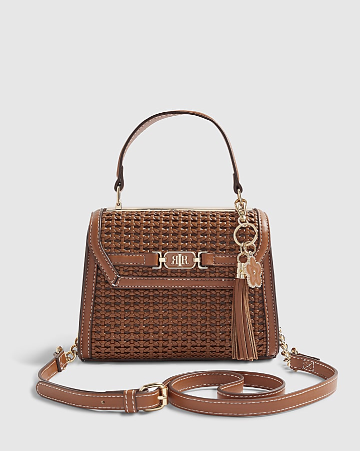 Brown Mini Weave Charm Tote Bag