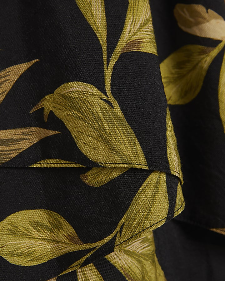 Black Cotton Leaf Print Frill Layer Playsuit