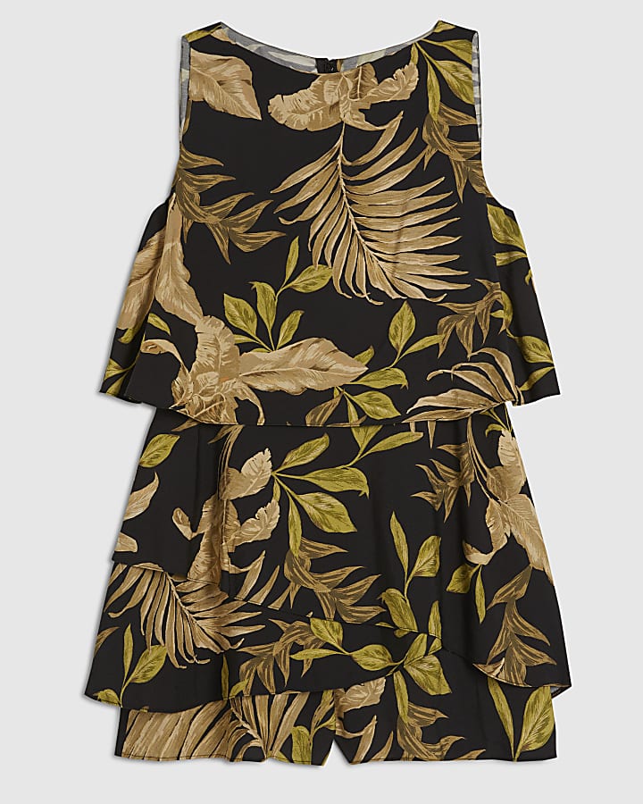 Black Cotton Leaf Print Frill Layer Playsuit